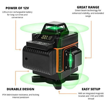 Laser level with green beam technology on a white background