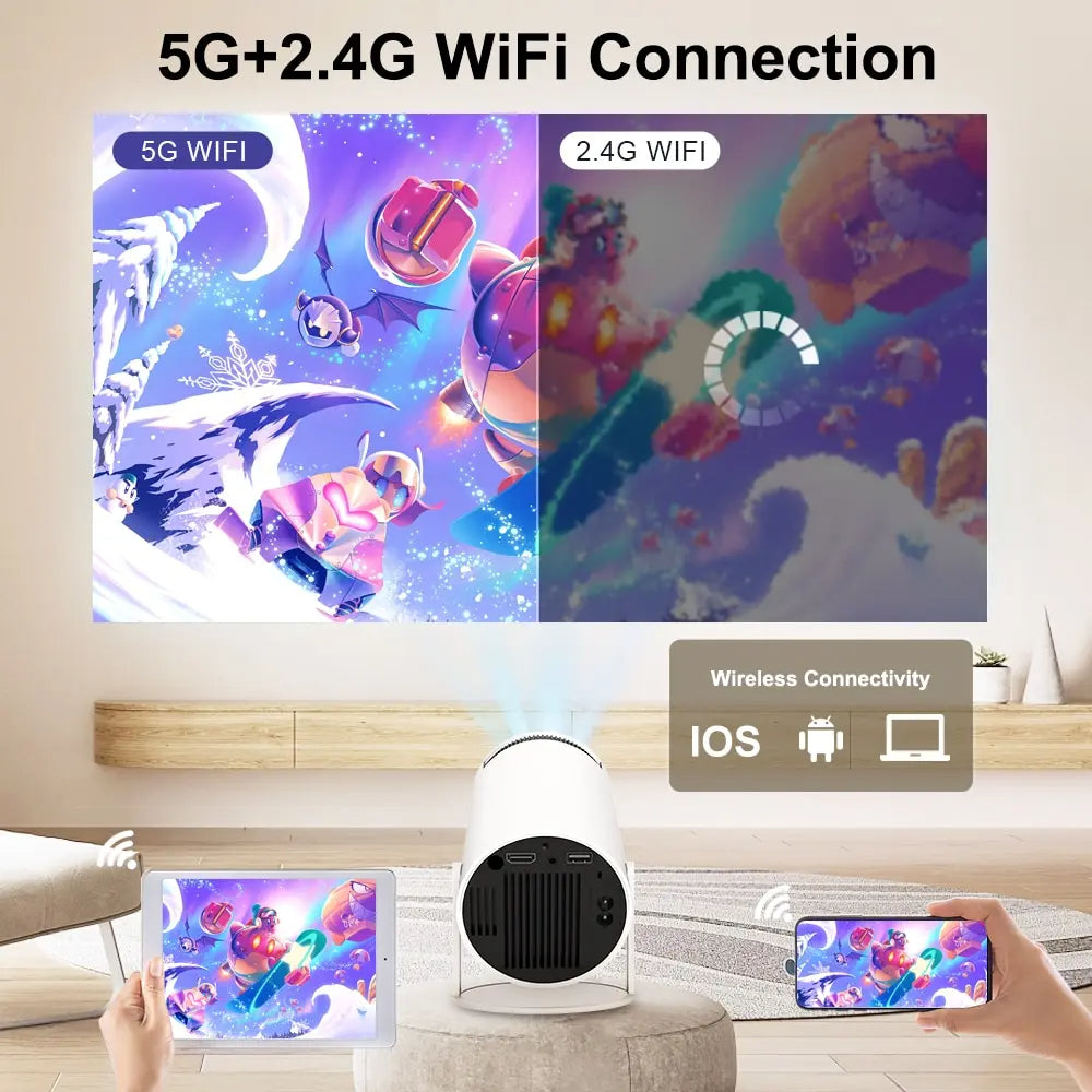 Wireless connectivity device with 5G and 2.4G WiFi connection on a living room background.