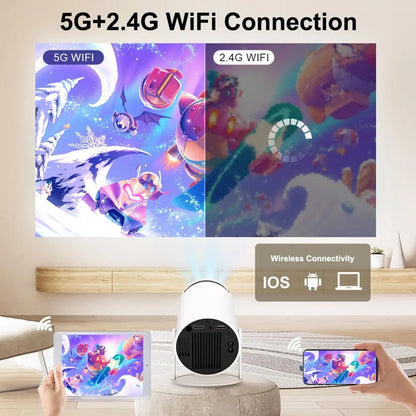 Wireless connectivity device with 5G and 2.4G WiFi connection on a living room background.