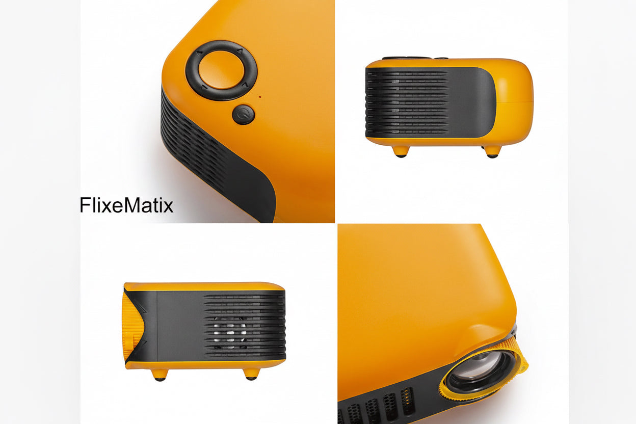 FlixeMatix Video Projector in yellow and black with multiple views on a white background