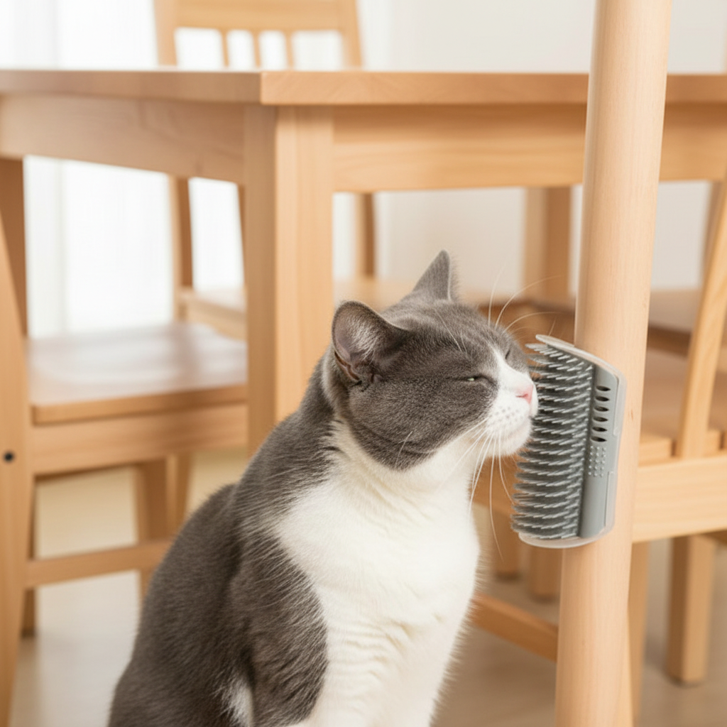 Cat using a self-grooming brush in a home setting with wooden chairs.