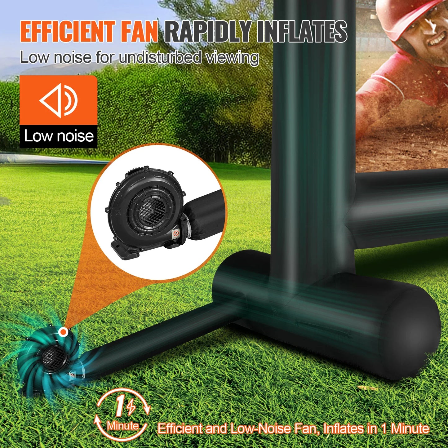 Baseball field light stand with fan and grass background, highlighting efficiency and low noise.