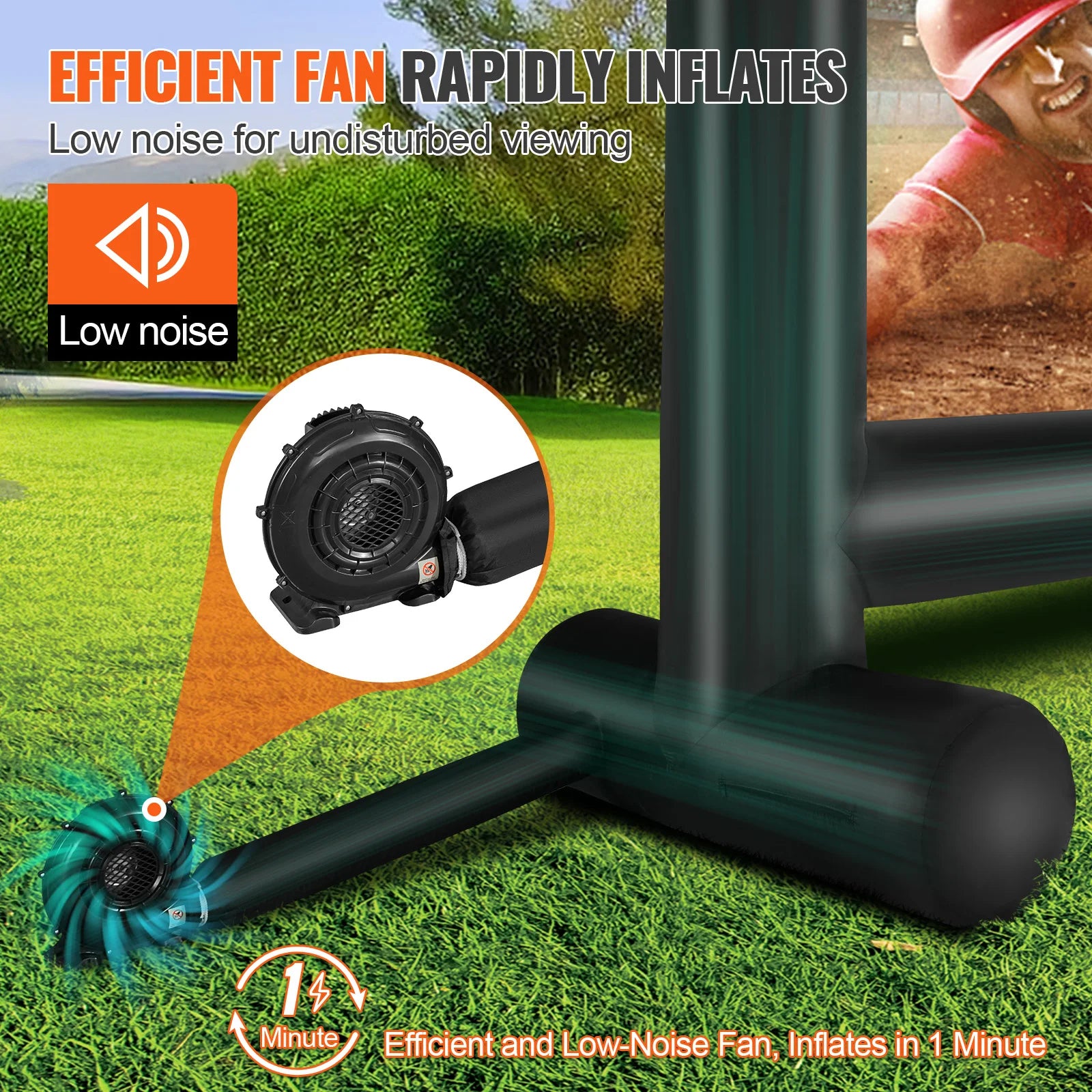 Baseball field light stand with fan and grass background, highlighting efficiency and low noise.
