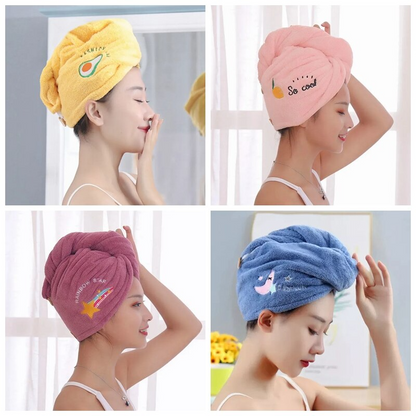 Four different colored towel turbans being worn by a person, with various designs on each.