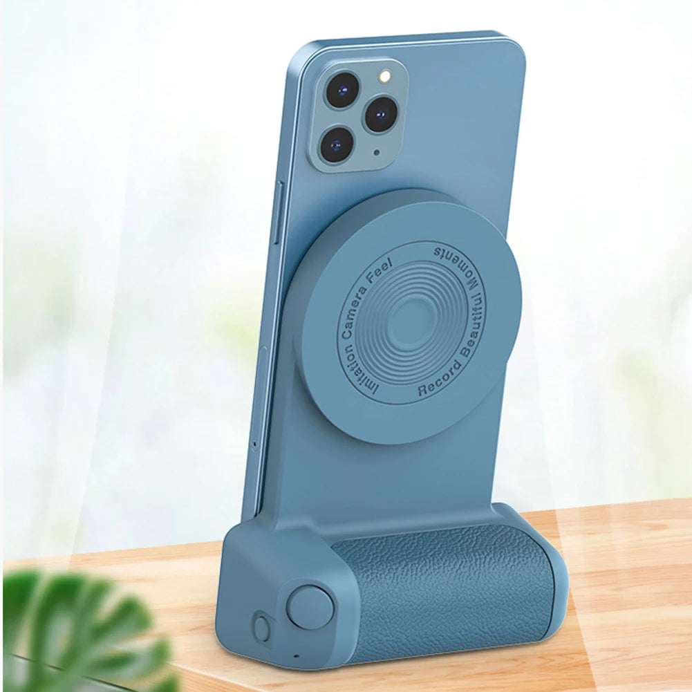 Blue phone case with stand feature on a wooden surface