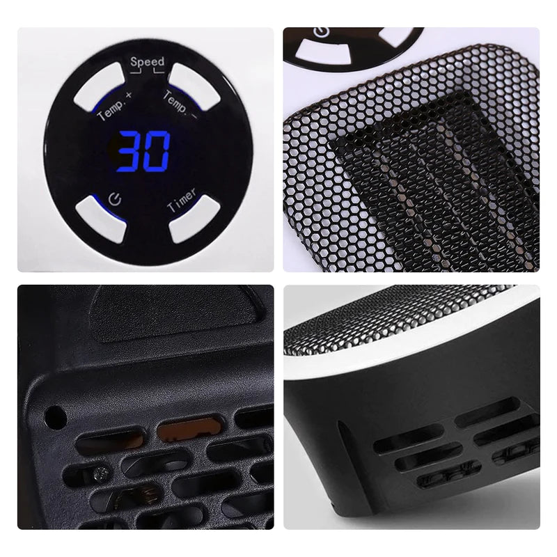 Collage of a small black space heater with digital display and control panel.
