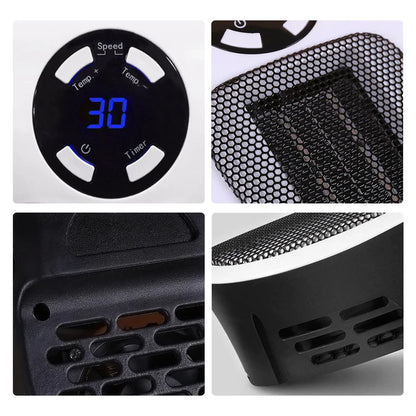 Collage of a small black space heater with digital display and control panel.