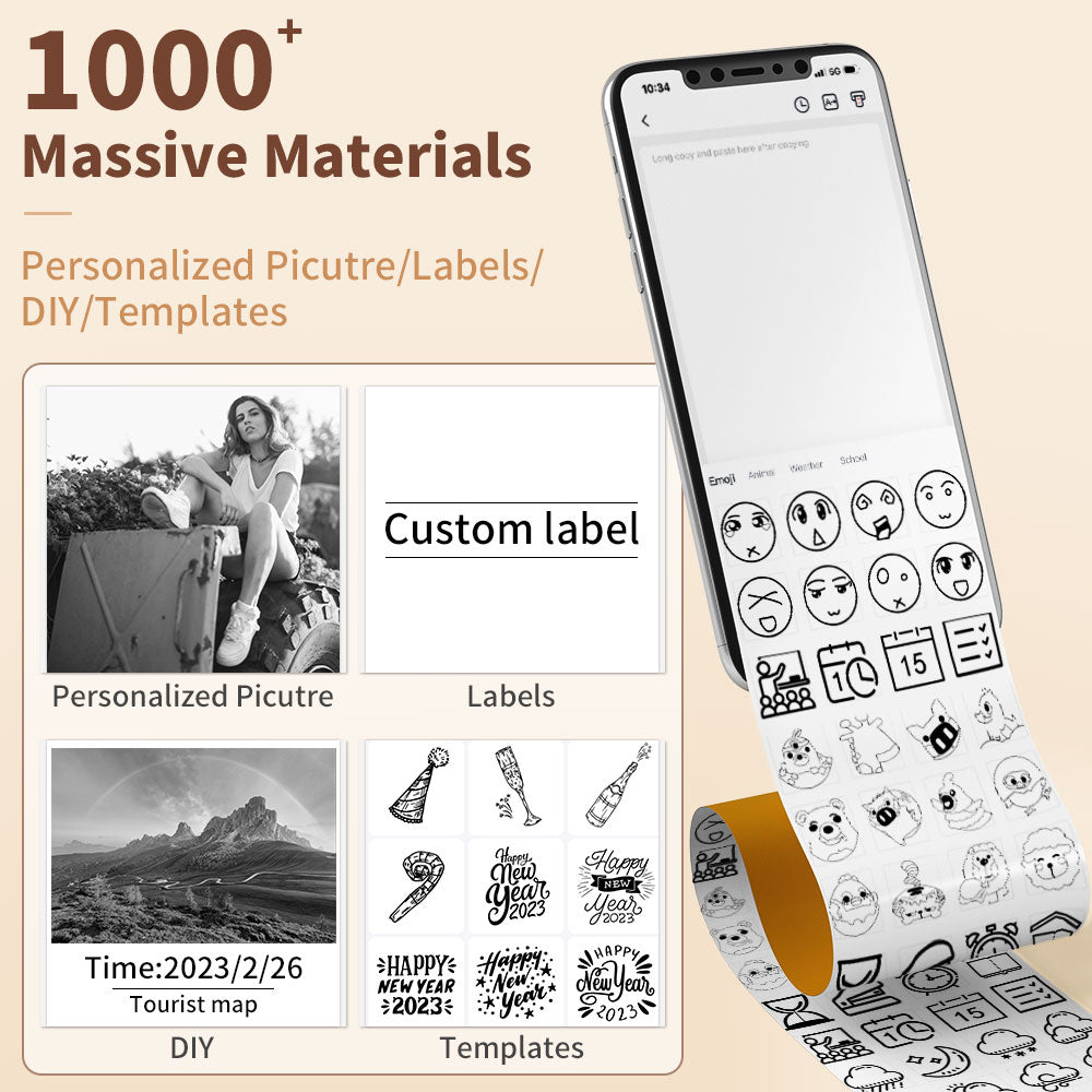 Smartphone displaying customizable labels and templates with a beige background.