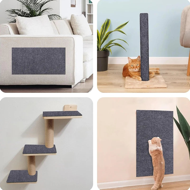 Collage of cat scratching posts and pads in a living room setting.