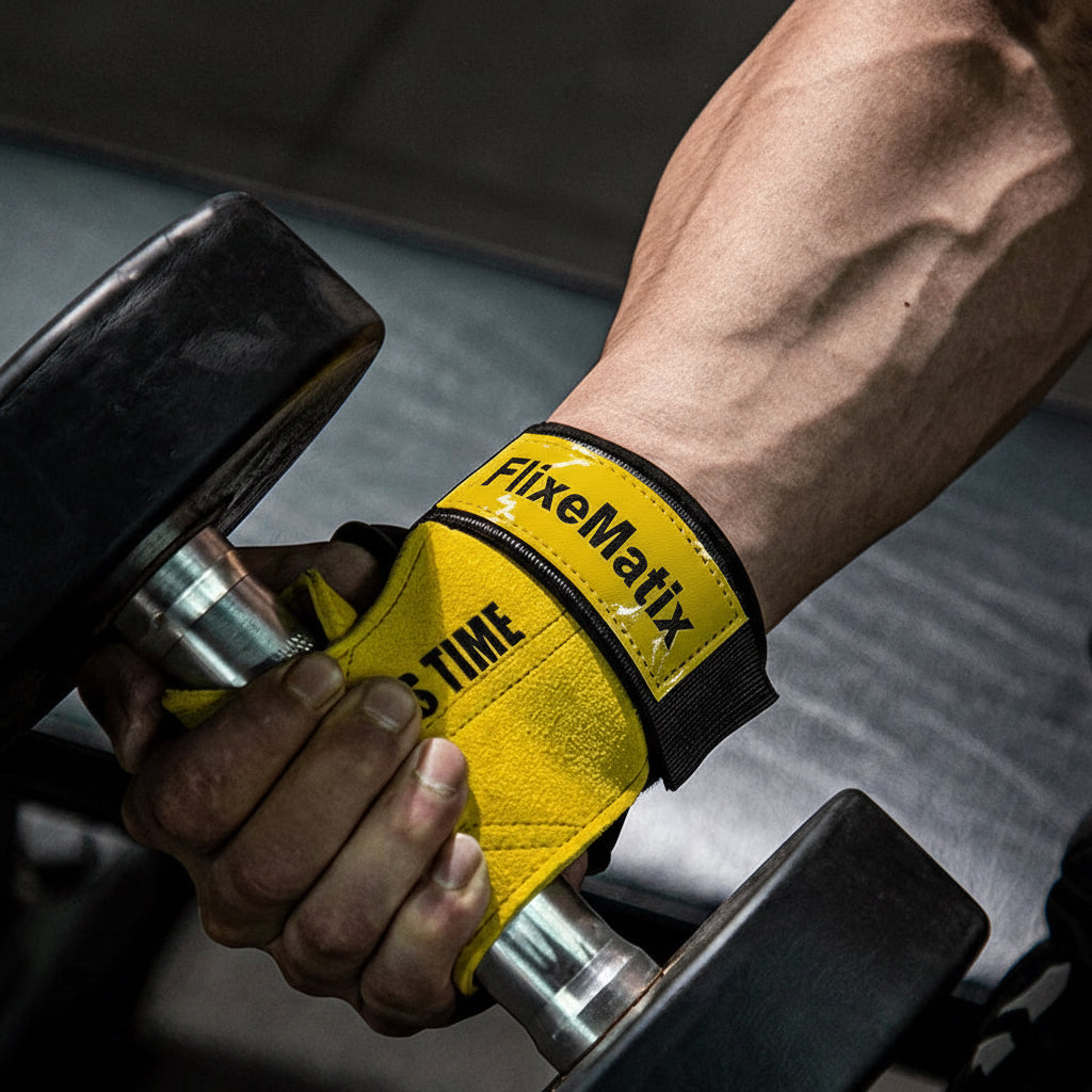 Hand wearing a yellow boxing glove holding a dumbbell in a gym setting