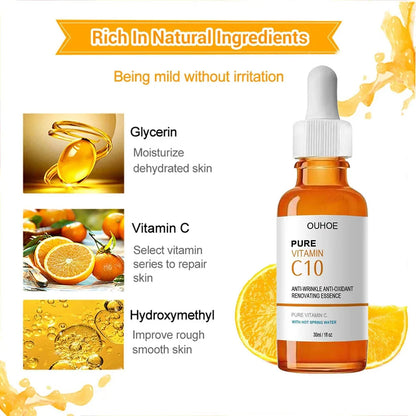 OUHOE Pure Vitamin C10 serum bottle with natural ingredients text and images on a white background