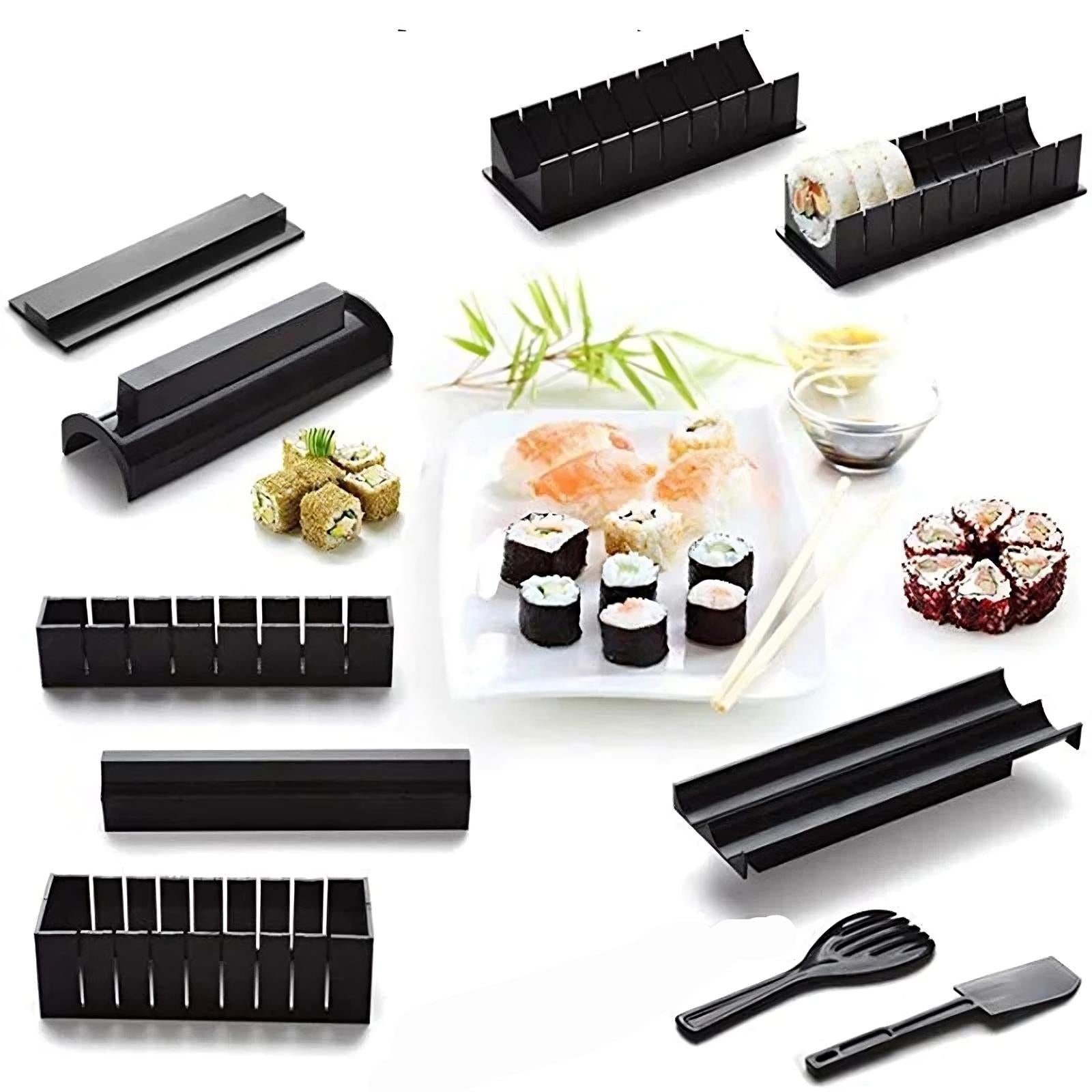 Set of sushi-making tools including molds, a knife, and spatula on a white background.
