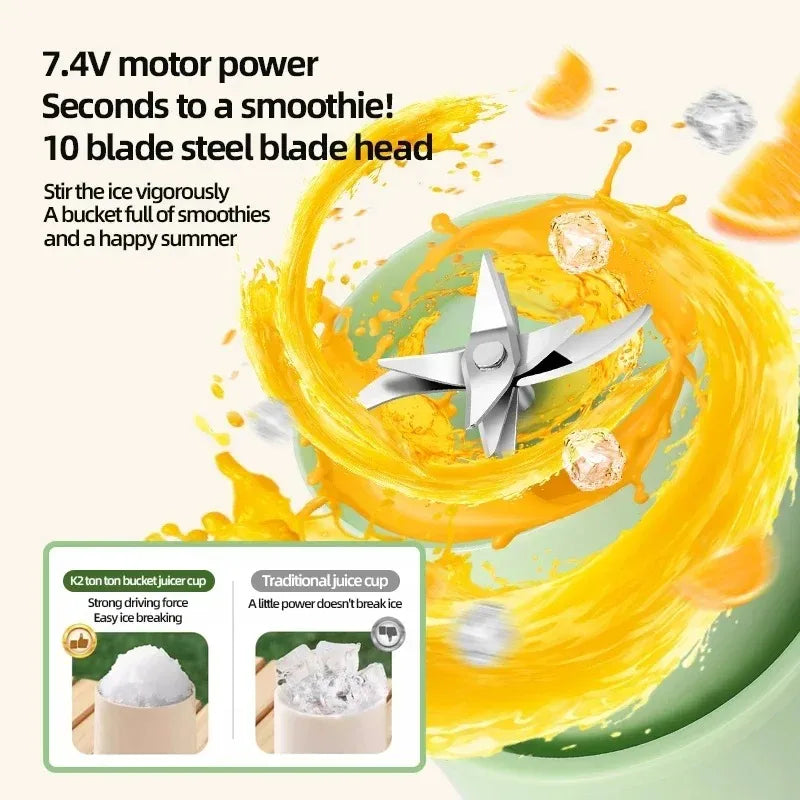 Blender with a blade head surrounded by orange juice and text about motor power and blade features.