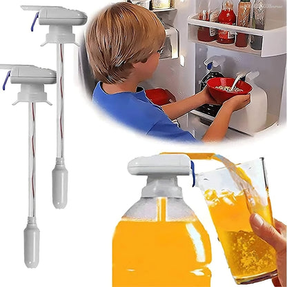 Collage of a child using a toy kitchen set, a bottle with a pump, and a glass of orange juice.