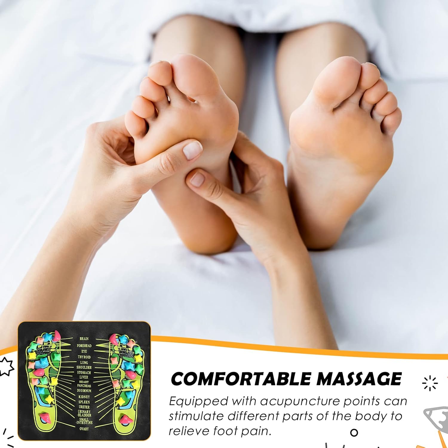 Person massaging their foot with a card featuring acupressure points on a white background