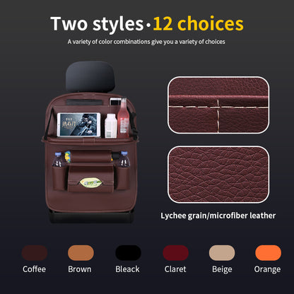 Car seat organizer with drink holders and phone stand, featuring lychee grain/microfiber leather in various color options.