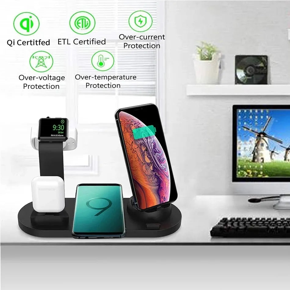 Multi-device wireless charging station with certified features on a desk.