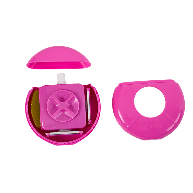 Pink plastic container with lid and components on a white background