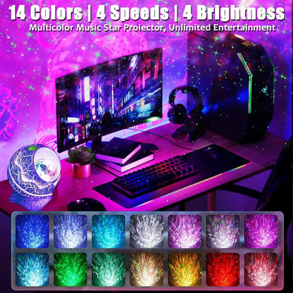 Multicolor music star projector with 14 colors, 4 speeds, and 4 brightness on a desk setup.