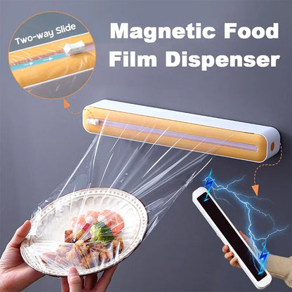 Magnetic food film dispenser with a close-up of 'Two-way Slide' feature and usage on a plate.