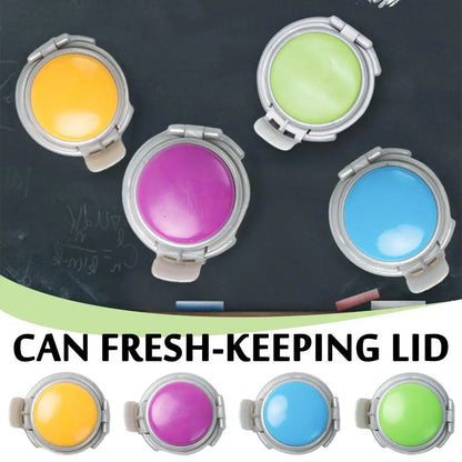 Colorful can fresh-keeping lids on a black surface with text.