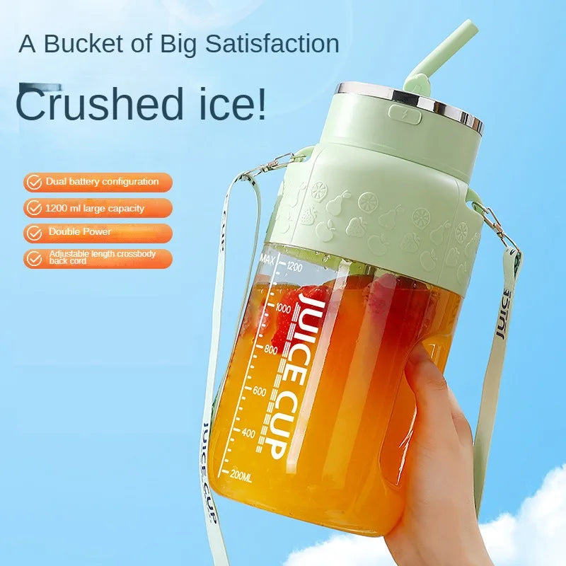 Juice cup with a straw on a blue sky background, labeled 'Crushed ice'.