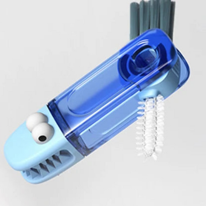 Blue cleaning tool with a brush on a light gray background