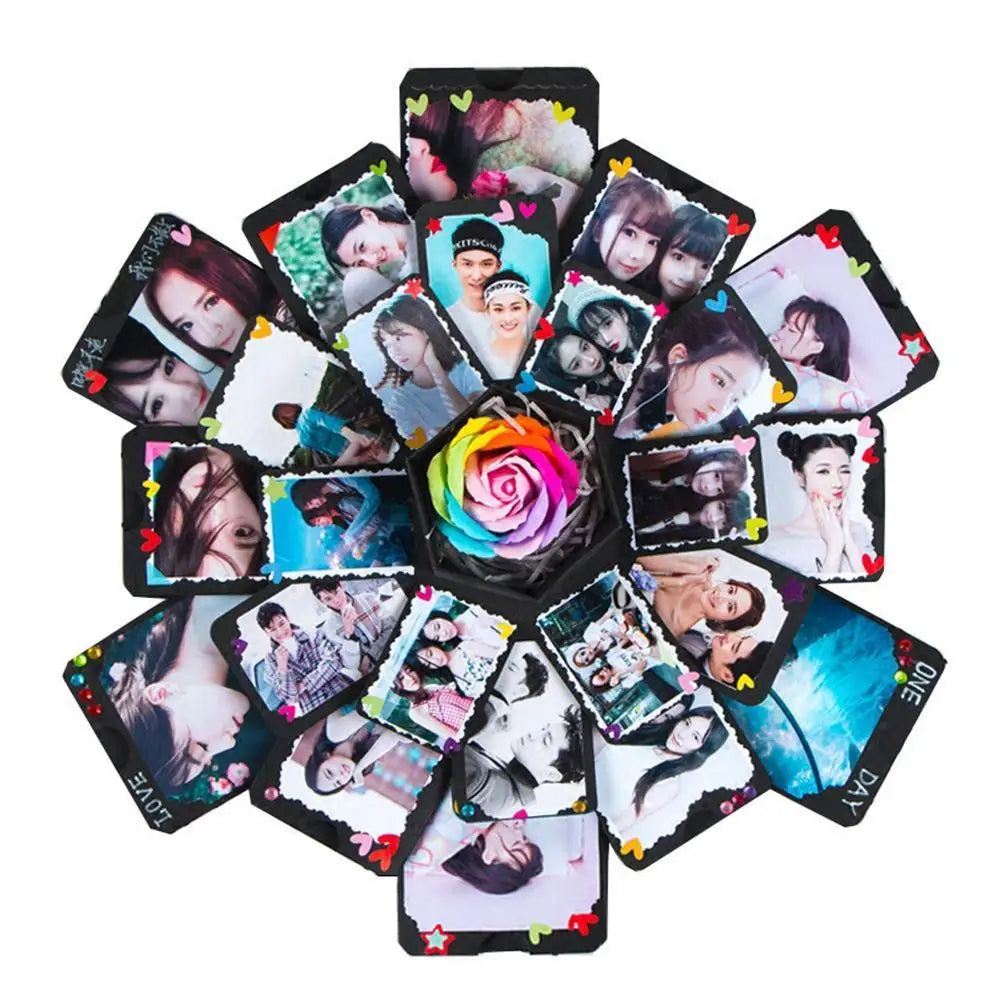 Colorful rose-shaped photo album with various photos arranged around a central rose.