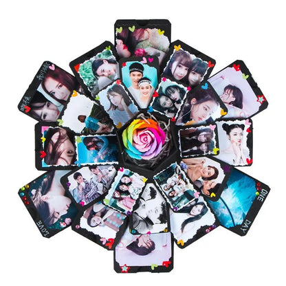 Colorful rose-shaped photo album with various photos arranged around a central rose.