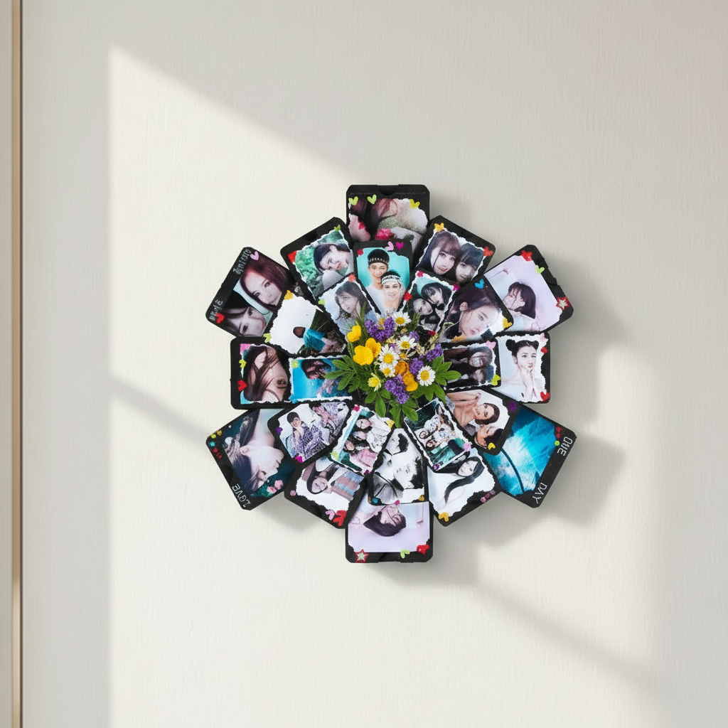 Decorative wall art with a colorful rose design and multiple smaller images arranged in a circular pattern.