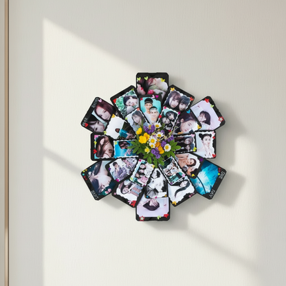 Decorative wall art with a colorful rose design and multiple smaller images arranged in a circular pattern.