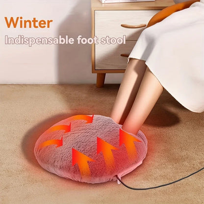 Heated foot pillow on a carpeted floor with text 'Winter Indispensable foot stool'.