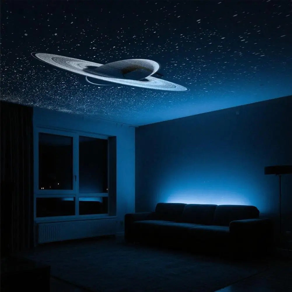 UFO light fixture on a ceiling with Saturn design in a dark room