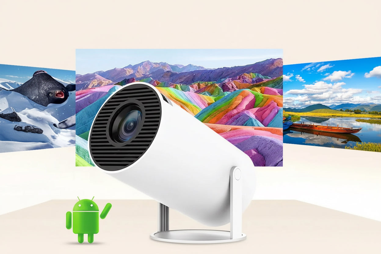 HY300 Smart Projector with Android 11.0 text and colorful landscape in the background
