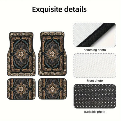 Car mat set with intricate design, hemming photo, front photo, and backside photo on a white background.