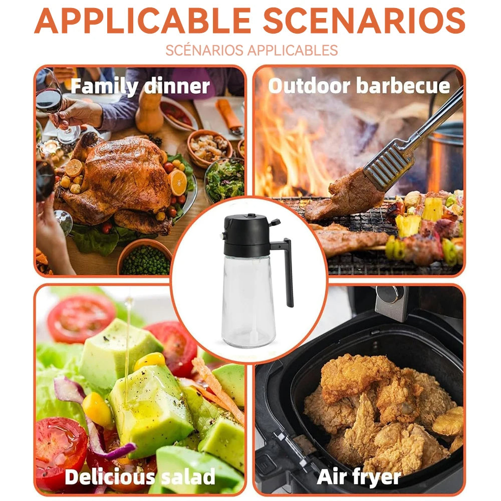 Collage of scenarios including family dinner, outdoor barbecue, salad, and air fryer with a bottle of dressing.