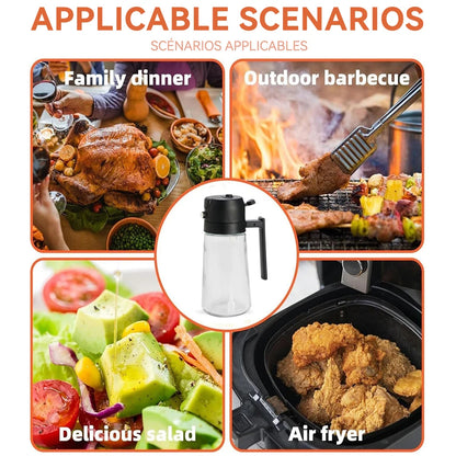 Collage of scenarios including family dinner, outdoor barbecue, salad, and air fryer with a bottle of dressing.