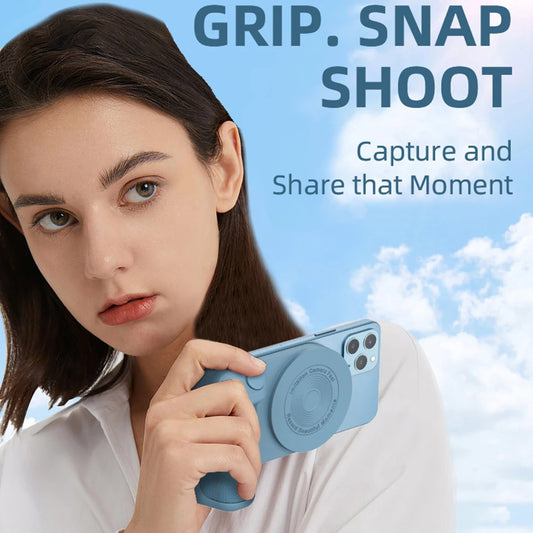 Person holding a phone with a blue grip and case against a sky background