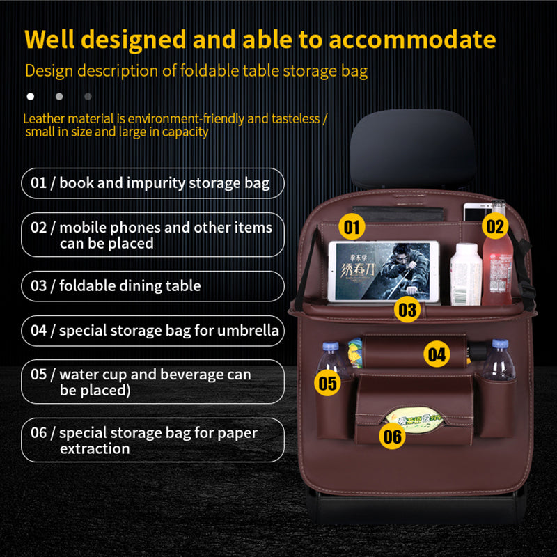 Foldable table storage bag with various compartments on a dark background