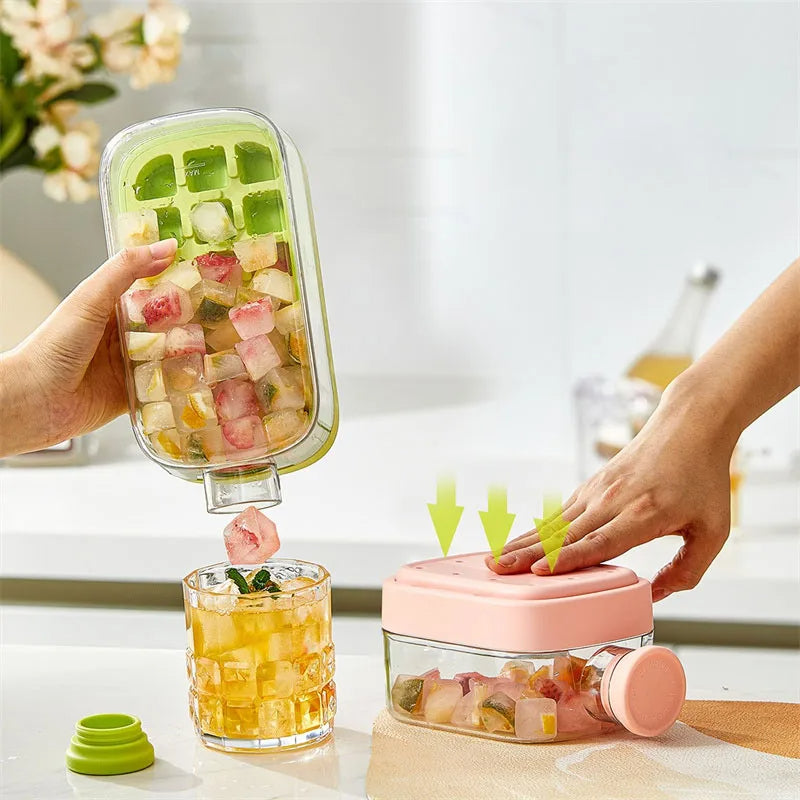 Glass container with pink lid being used to extract ice cubes into a glass.