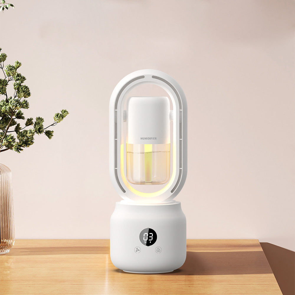 White humidifier with digital display on a wooden surface, plant and vase in the background