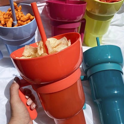 Colorful snack cups with snacks and straws on a white surface