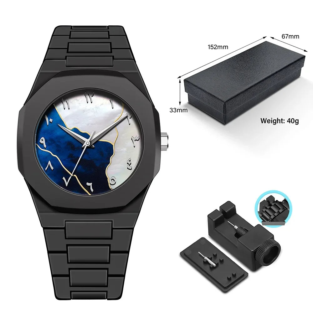 Black wristwatch with blue and white face, packaging, and tools on a white background