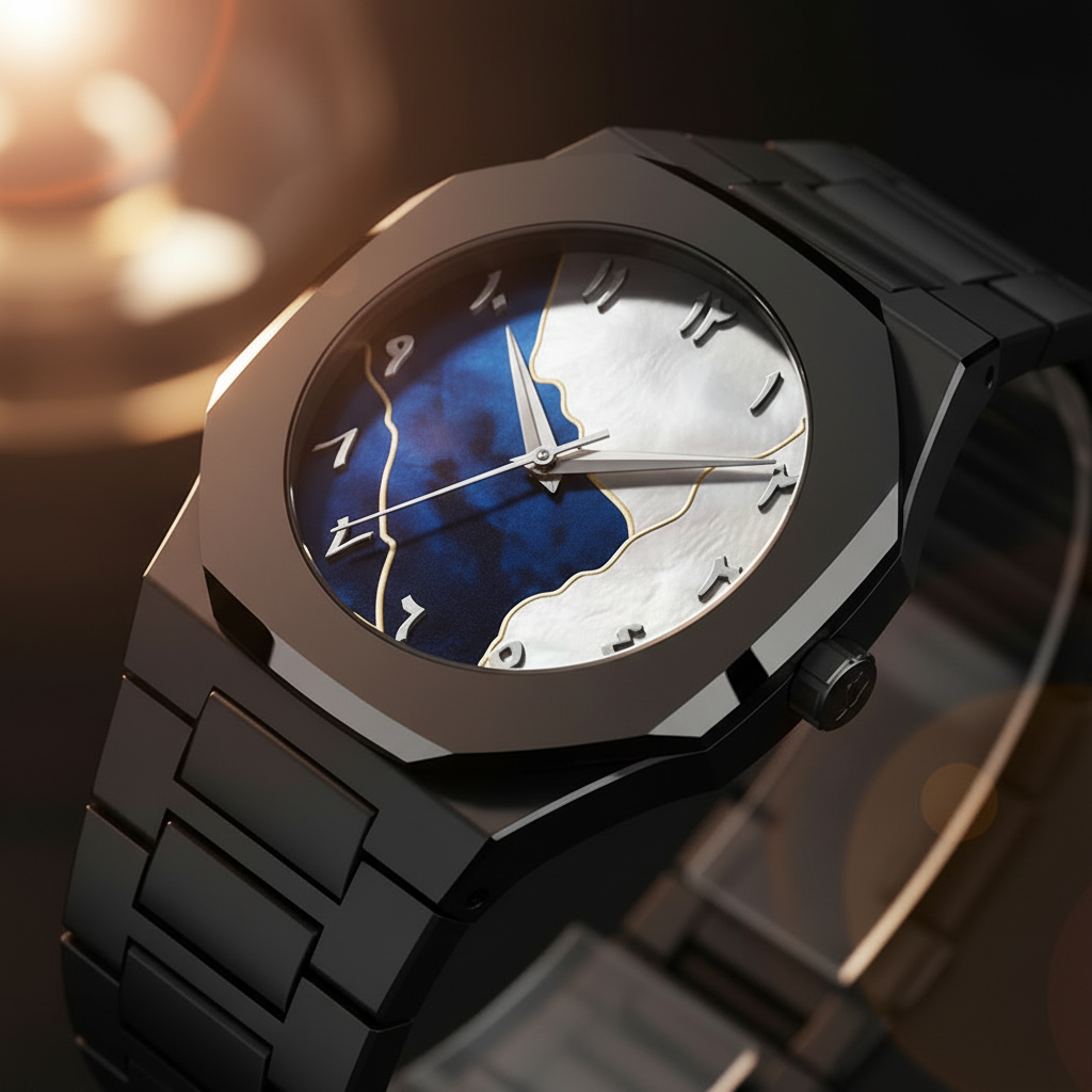 Luxury watch with a black strap and blue face on a dark background