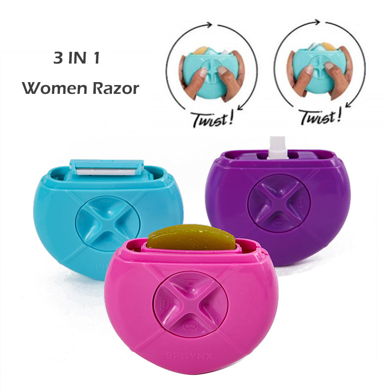 3-in-1 women's razor set with blue, pink, and purple colors on a white background.