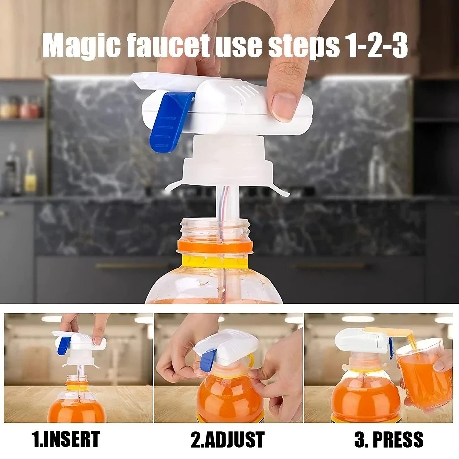 Step-by-step guide on using a magic faucet attachment with a bottle.