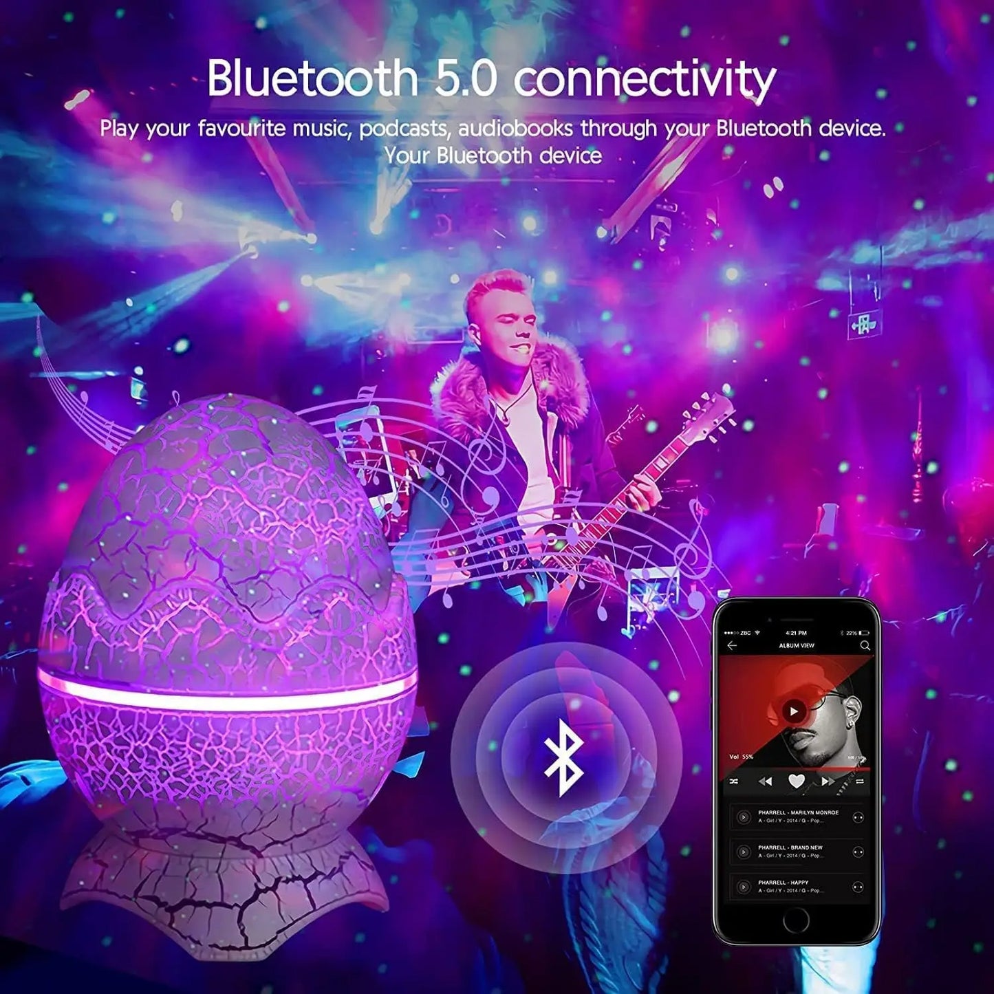 Egg-shaped Bluetooth speaker with a musician playing guitar in the background, featuring Bluetooth 5.0 connectivity text.