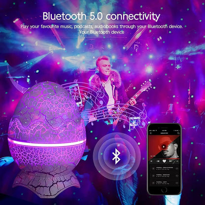 Egg-shaped Bluetooth speaker with a musician playing guitar in the background, featuring Bluetooth 5.0 connectivity text.