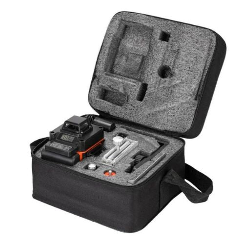 Black carrying case with foam interior holding a battery and tools on a white background
