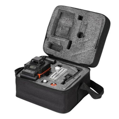 Black carrying case with foam interior holding a battery and tools on a white background